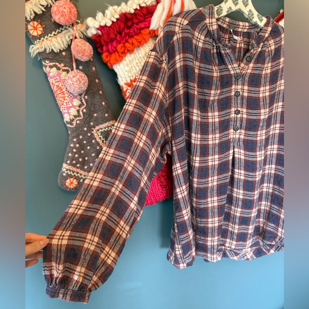 Free People Northern Bound Plaid blouse long sleeve flannel top sz large - Picture 4 of 12